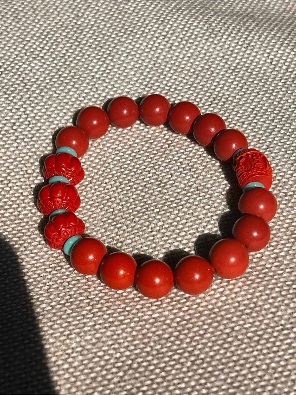 Red genuine cinnabar Carved Bead Stretch Bracelet with Turquoise Accent